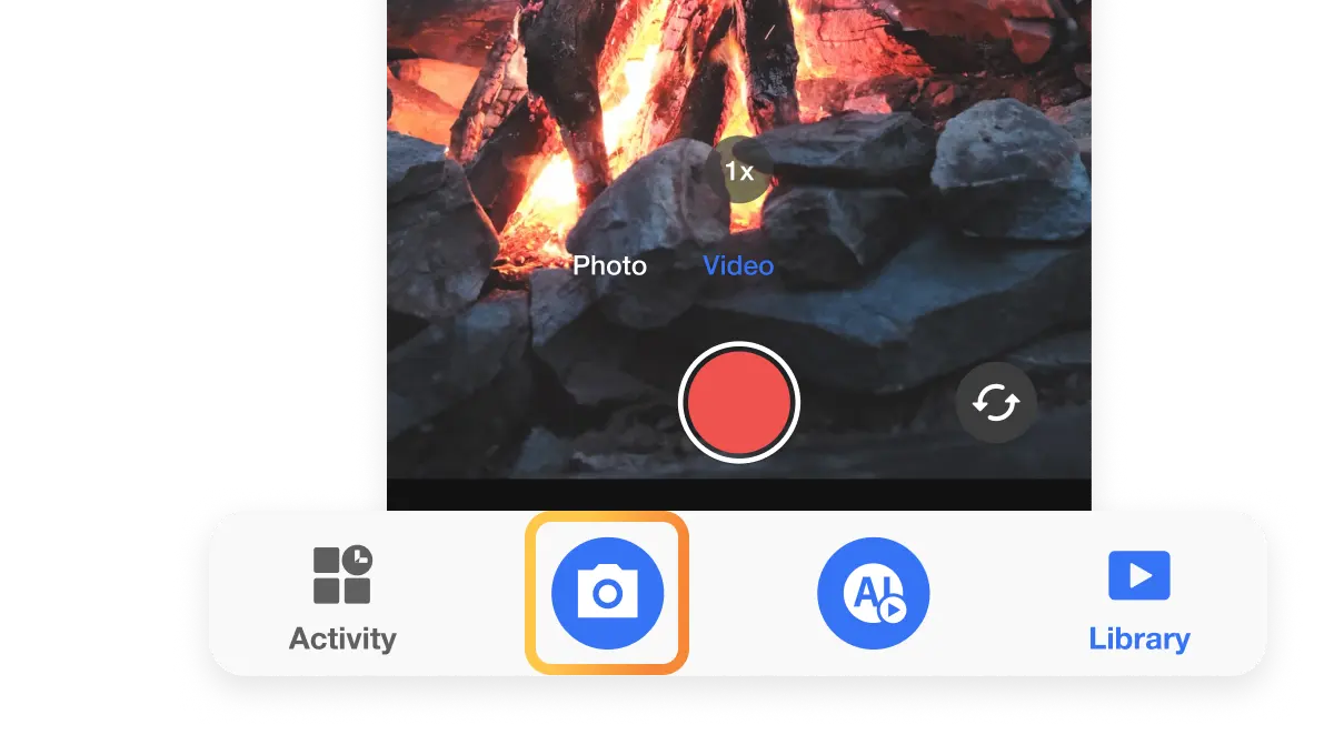 Mobile video editing app interface showing video recording feature with teleprompter and camera tools.